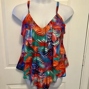 Ceeb Sz 16/18 Ruffle Padded Two Piece Swimsuit Red Multicolor Floral Tankini